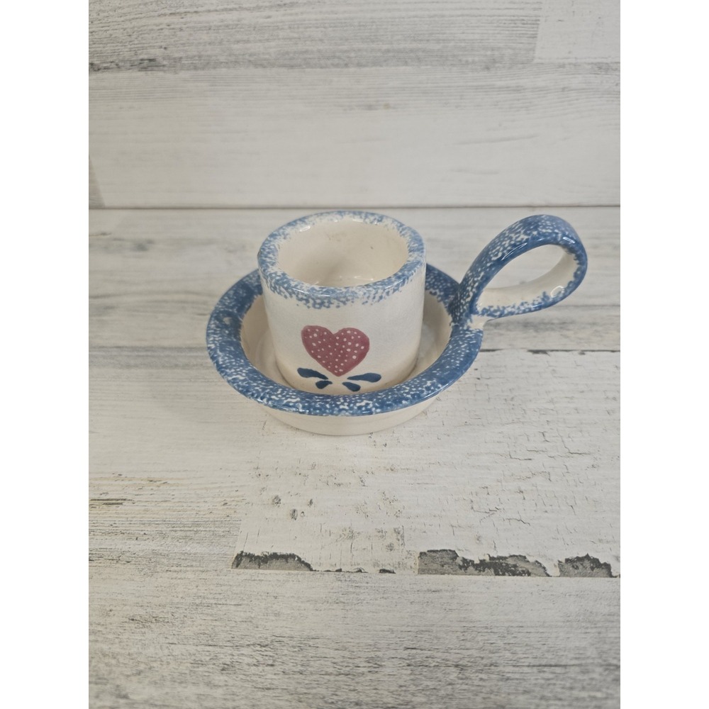 Hermitage Pottery Stoneware Taper Candle Holder Blue Spongeware Heart DX112 1998